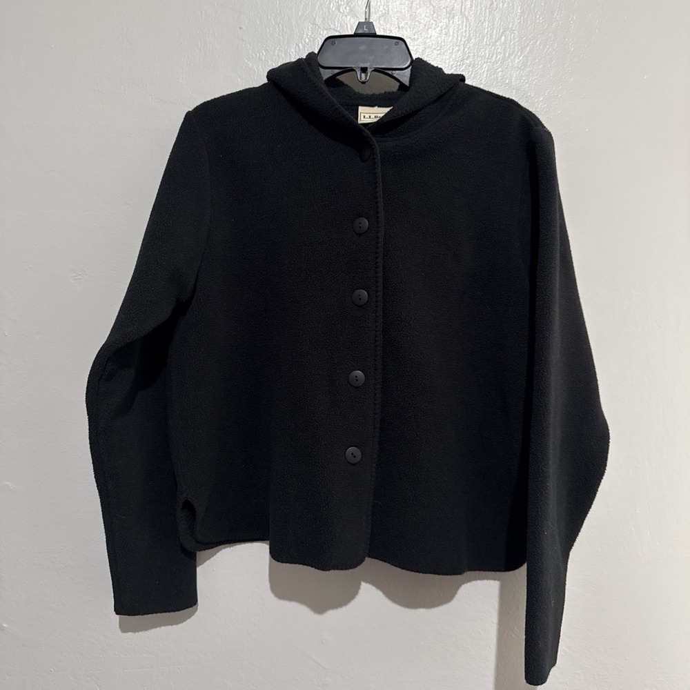 L.L. Bean Sweater Womens Black Fleece Button Front Cardigan Hoodie Size S